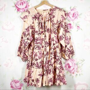 NEW Free People Sunbaked Floral Print Peach Combo Swing Ruffle Mini Dress M